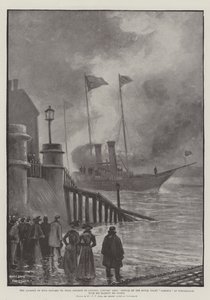 El viaje del rey Eduardo VII de Osborne a Londres, 23 de enero, llegada del yate real Alberta a Portsmouth con Su Majestad a bordo de Fred T. Jane